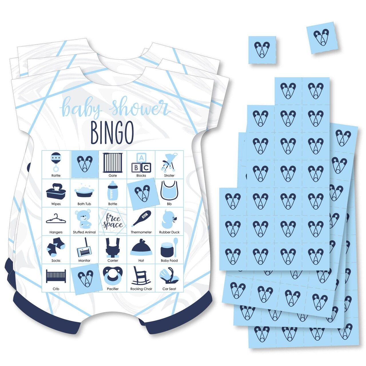 Big Dot of Happiness It’s Twin Boys - Picture Bingo Cards and Markers - Blue Twins Baby Shower Shaped Bingo Game - Set of 18